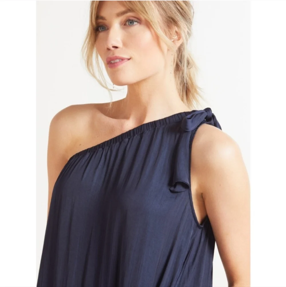 Evereve Hadley One Shoulder Maxi Dress women's small navy blue tiered satin - Picture 2 of 10